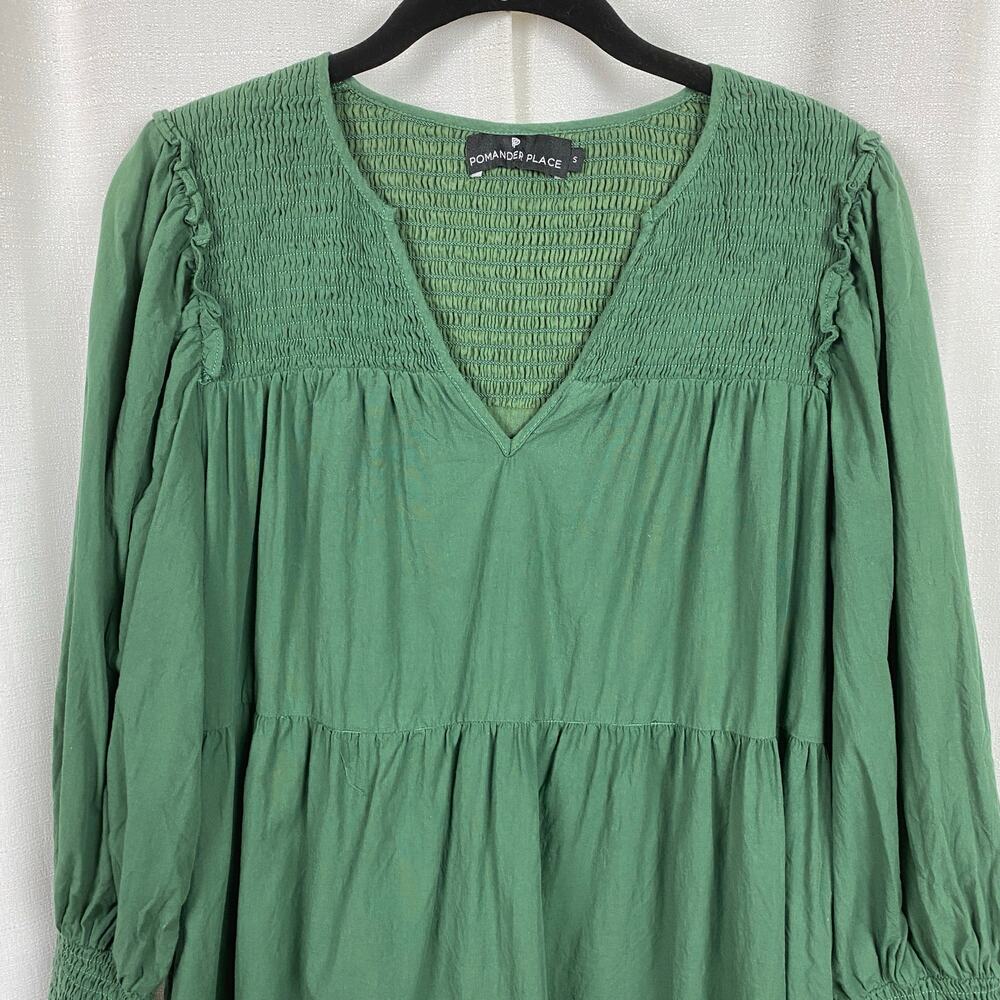 Pomander Place Tuckernuck Green Cotton Tiered Ceci Smocked Mini Dress Sz.S - Picture 6 of 15